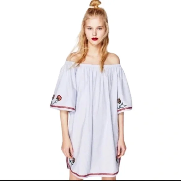 Zara Light Blue Off Shoulder Embroidered Mini Dress